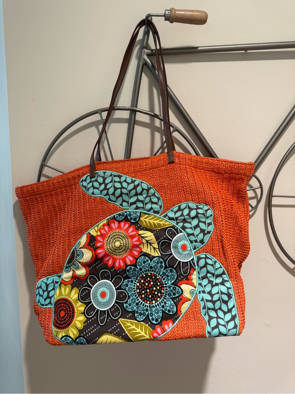 Vera Bradley Orange Straw Woven Sea Turtle Tote Bag | Tropical Beach Carryall